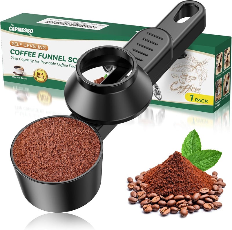 CAPMESSO Coffee Scoop & Funnel for Reusable K Cup Refillable Coffee Pods: 2 Tablespoon Coffee Measuring Scoop - Easy Slide Scoop for Ground Coffee, Protein Powder, Tea without Spilling (1 Pack) - Image 1